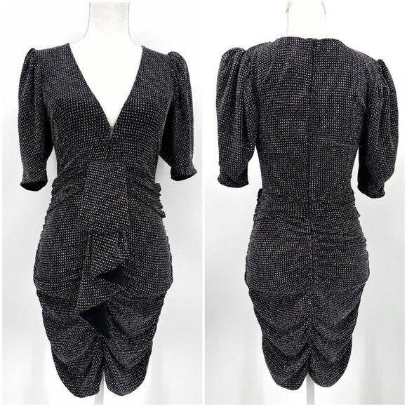 For Love And Lemons Dresses & Skirts - For Love & Lemons Black Margaux Glitter Deep V Ruched Mini Dress Womens M NWT